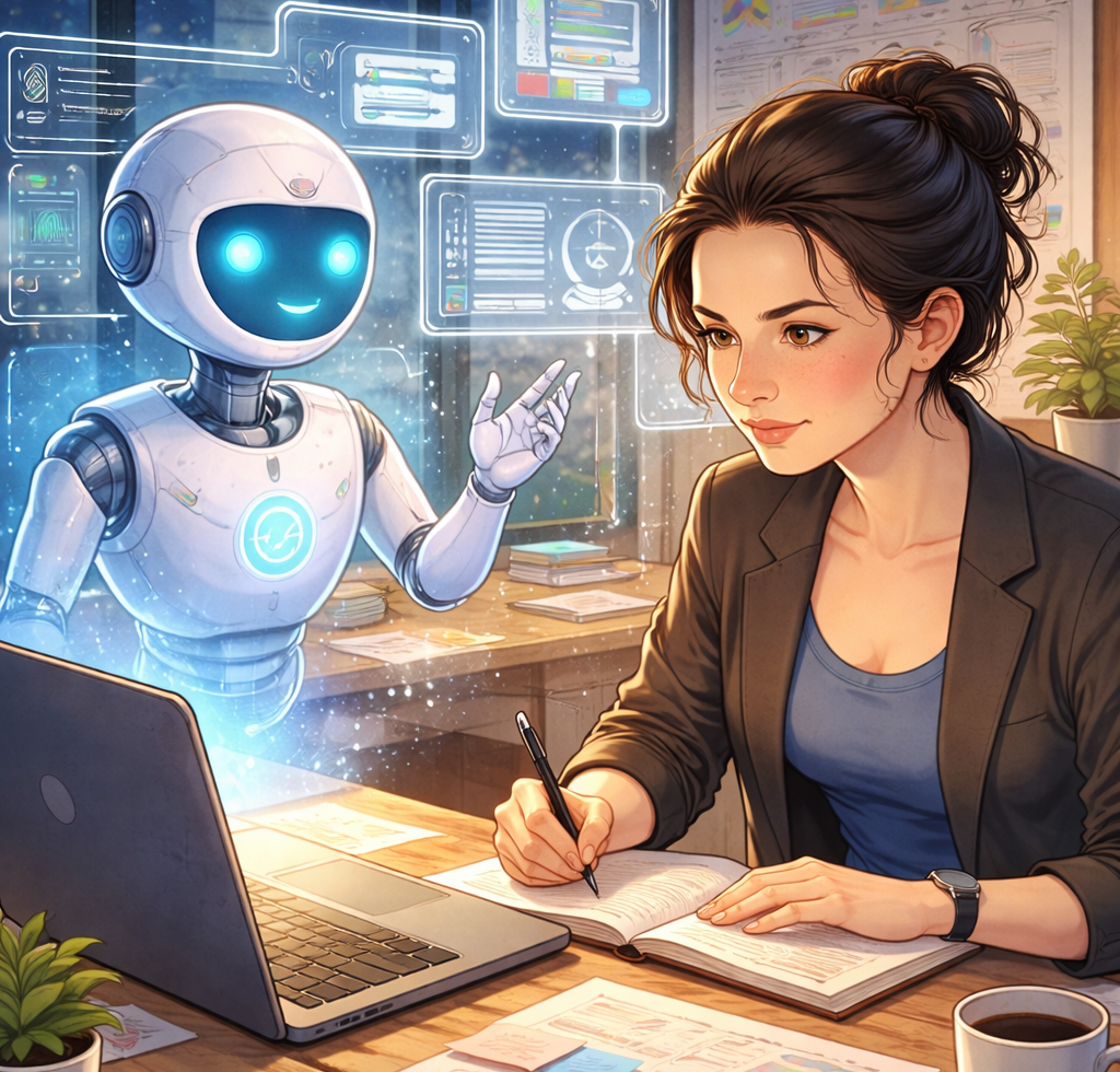 Virtuális asszisztens AI segítségével dolgozik weboldalon és online feladatokon